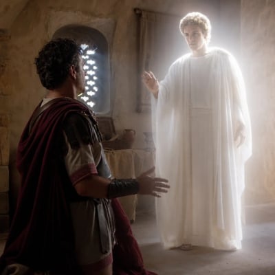 Cornelius, a Roman centurion in Caesarea, praying at the ninth hour as an angel appears and speaks to him about his prayers and alms.