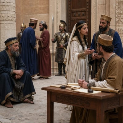 Mordecai at the palace gate listening as two royal guards plot against King Ahasuerus, leading to Esther reporting the warning.
