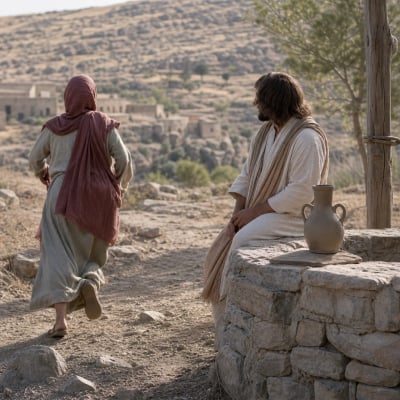 A woman leaving her waterpot at the well and running into the Samaritan town to tell others about Jesus.
