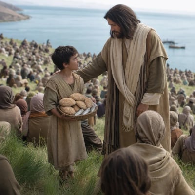 Jesus receiving the boy’s five barley loaves and two fishes before feeding about five thousand people seated on the grass.