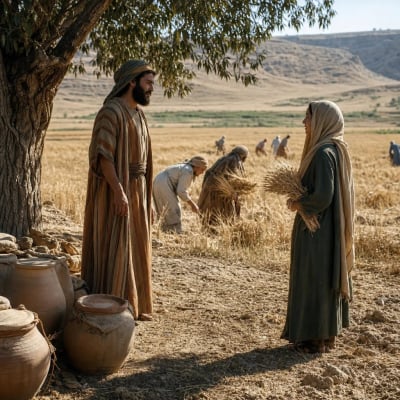 Boaz instructing Ruth to glean safely among his maidens in the harvest field, with workers, grain, and water vessels nearby
