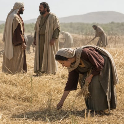 Ruth gleaning among the sheaves in Boaz’s harvest field as reapers work and Boaz arrives from Bethlehem.