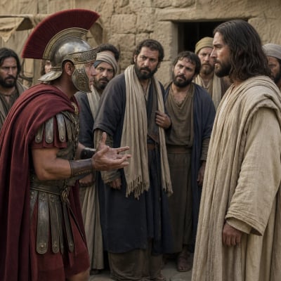 Jesus listening to a centurion in Capharnaum as the officer asks healing for his servant and declares that only Christ's word is needed.