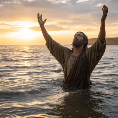 The psalmist in deep waters calling to the Lord for mercy, with dawn light symbolizing God’s forgiveness.