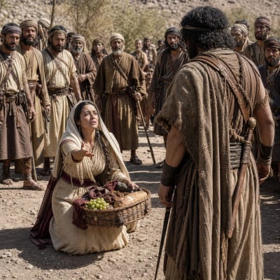 Abigail bowing before David on the road with food supplies, stopping him from taking revenge on Nabal’s household.