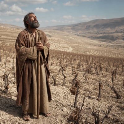 Habakkuk standing in barren fields with no fruit, no grain, and no livestock, yet trusting God.