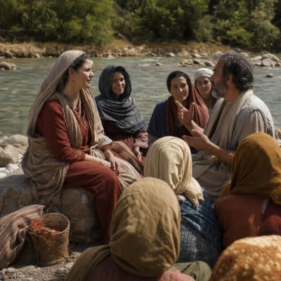 Paul speaking by the riverside in Philippi as Lydia listens with an open heart and then invites the group to stay at her house.
