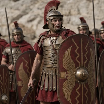 A first-century soldier fully armed and standing firm, illustrating Ephesians 6:13-17 and readiness for spiritual battle.