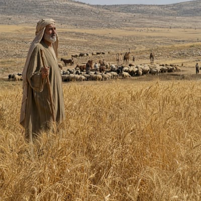 Isaac in the land of Gerar during famine, looking over a surprisingly abundant harvest with servants, flocks, and herds nearby.