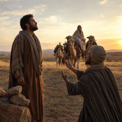 Isaac in a quiet field at dusk looking up toward approaching camels as Rebekah dismounts and covers herself before meeting him.