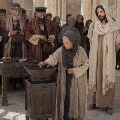 Jesus seated near the temple treasury as a poor widow drops in two mites and rich people stand around with larger offerings.