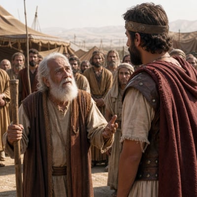 An elderly Caleb speaking boldly to Joshua, pointing toward the mountain region of Hebron as Israel prepares to claim the land.