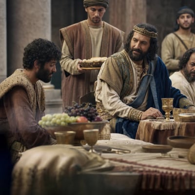 David welcoming Mephibosheth to the king’s table, showing restored dignity and belonging.