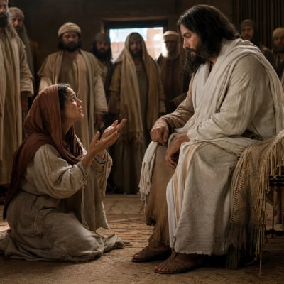A Gentile mother kneeling at Jesus' feet in a house, asking deliverance for her daughter, as Jesus responds and later she returns home to find the child healed.