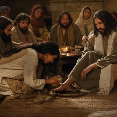 Mary anointing Jesus' feet with expensive ointment in Bethany and wiping them with her hair while the house fills with fragrance.