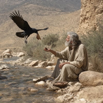 Prophet Elijah by the brook Cherith receiving bread and flesh from ravens during the drought