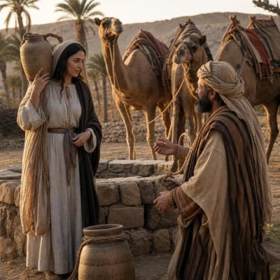 Rebekah drawing water at the well and offering it to Abraham’s servant, then returning to water the camels.