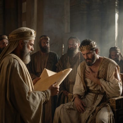 King Josiah listening as Shaphan reads the Book of the Law, then tearing his clothes in response to the words.