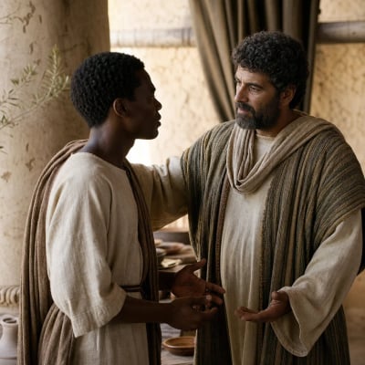 Onesimus arriving before Philemon carrying Paul’s letter, as he is received as a beloved brother rather than only a servant.