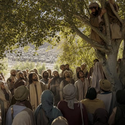 Jesus standing on the Jericho road looking up at Zacchaeus in a sycamore tree while a crowd gathers below.