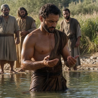 Naaman in the Jordan River after obeying Elisha, humbled and healed while servants look on from the riverbank.