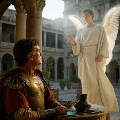 A reverent Roman centurion named Cornelius stands in prayer inside his house at Caesarea while an angel appears before him at the ninth hour.