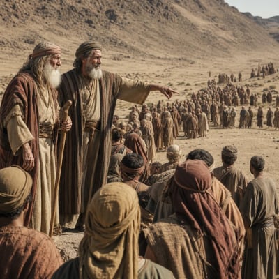 Jethro advising Moses to appoint rulers over thousands, hundreds, fifties, and tens while the people wait in line for judgment.
