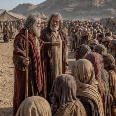 Moses seated in judgment from morning to evening while Jethro advises him to share the work with appointed leaders.