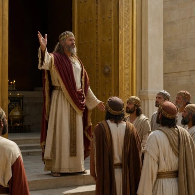 Hezekiah in the first month of his reign opening and repairing the temple doors while priests and Levites gather to remove uncleanness from the holy place.