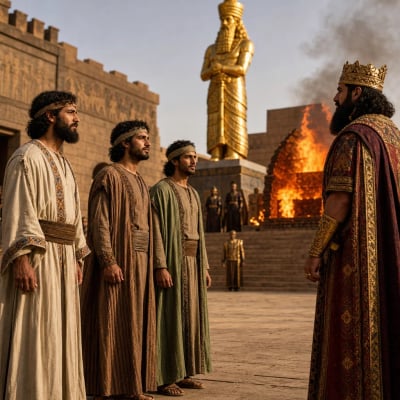 Three Hebrew men calmly refusing King Nebuchadnezzar’s command to worship the golden image beside a burning furnace.