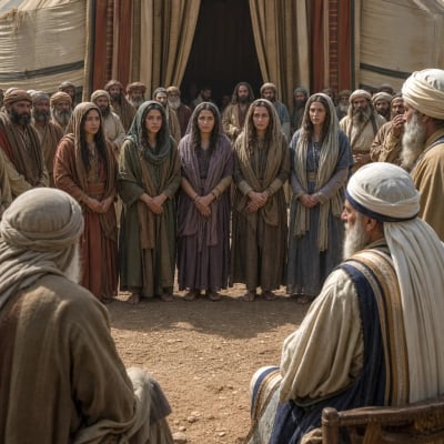 Mahlah, Noah, Hoglah, Milcah, and Tirzah standing before Moses and Eleazar at the tabernacle entrance to request justice for their father's inheritance.