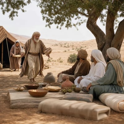 Abraham bowing before three visitors near his tent, with Sarah preparing cakes and a meal being served under a tree at Mamre.