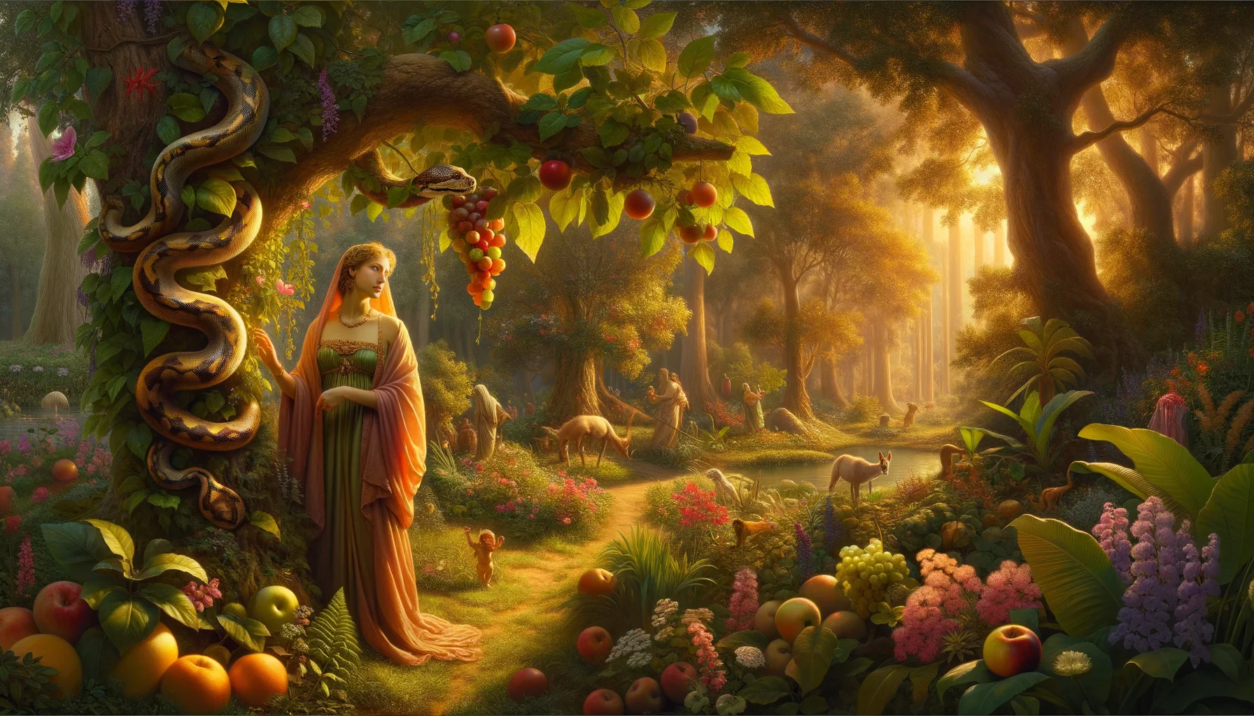 Warm, golden sunlight filters through the dense foliage of the lush Garden of Eden, creating dappled shadows on the ground.  The woman, clad in a modest, flowing garment, gazes with curiosity and temptation at the forbidden fruit, embodying the moment of choice.  The serpent coils nearby, its vibrant colors contrasting with the serene greens, enhancing the tension of this pivotal scene.