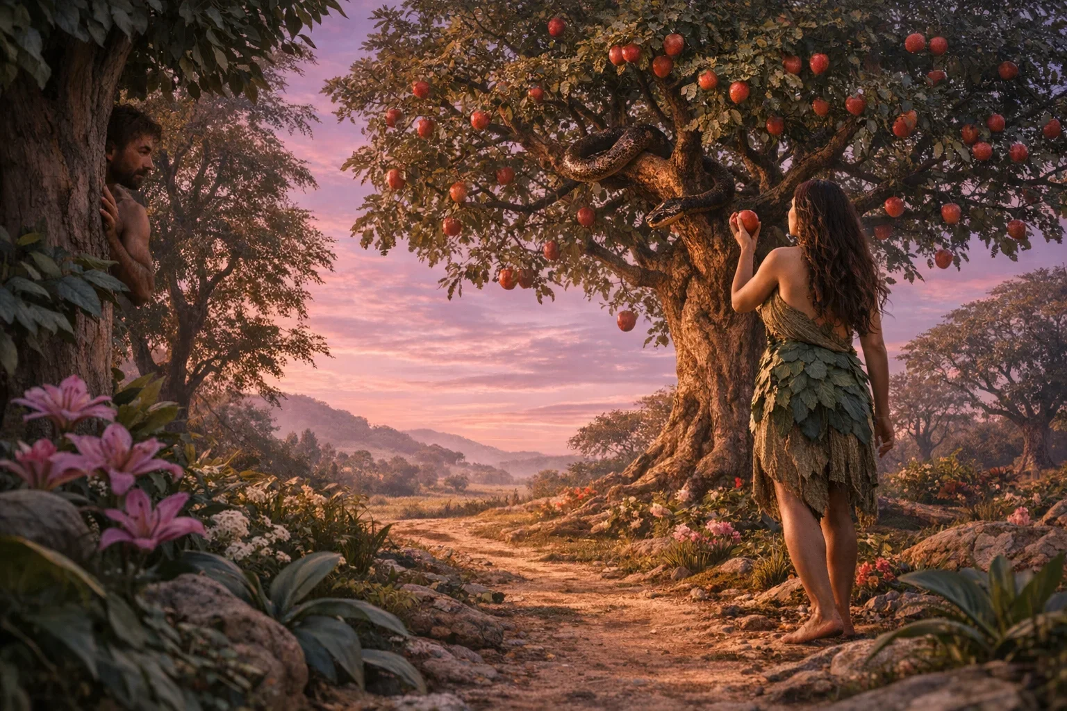 Soft pink and purple hues wash over the lush Garden of Eden, creating a serene dawn atmosphere.  The winding path draws the eye towards the iconic Tree of Knowledge, its vibrant fruit glowing invitingly.  Delicate foliage frames the scene, while a subtle, coiled serpent hints at the impending temptation.