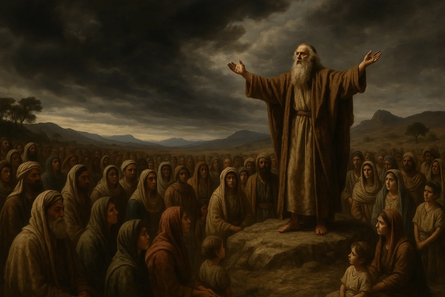 Moses stands prominently, arms outstretched, bathed in a soft, ethereal light that contrasts the dark storm clouds above.  The diverse assembly of Israelites, rendered in muted earth tones, reflects a sense of unity and solemnity amidst the turmoil.  Dramatic shadows and swirling clouds enhance the tension, embodying the weight of covenant and divine promise in this pivotal moment.