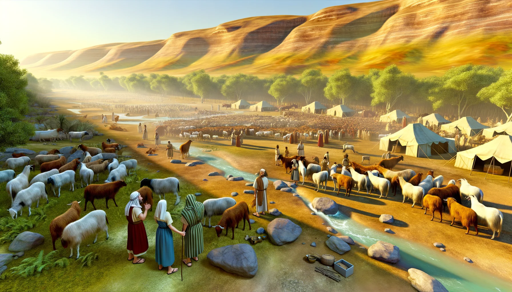 A vast panorama unfolds, transitioning from the dry, sun-baked earth of Egypt to the verdant plains of Jordan.  Golden sunlight bathes Abram, his wife, and Lot, accentuating the richness of their herds and the lush landscape.  Flowing water glistens, creating a serene atmosphere that contrasts with the underlying tension of their growing prosperity.