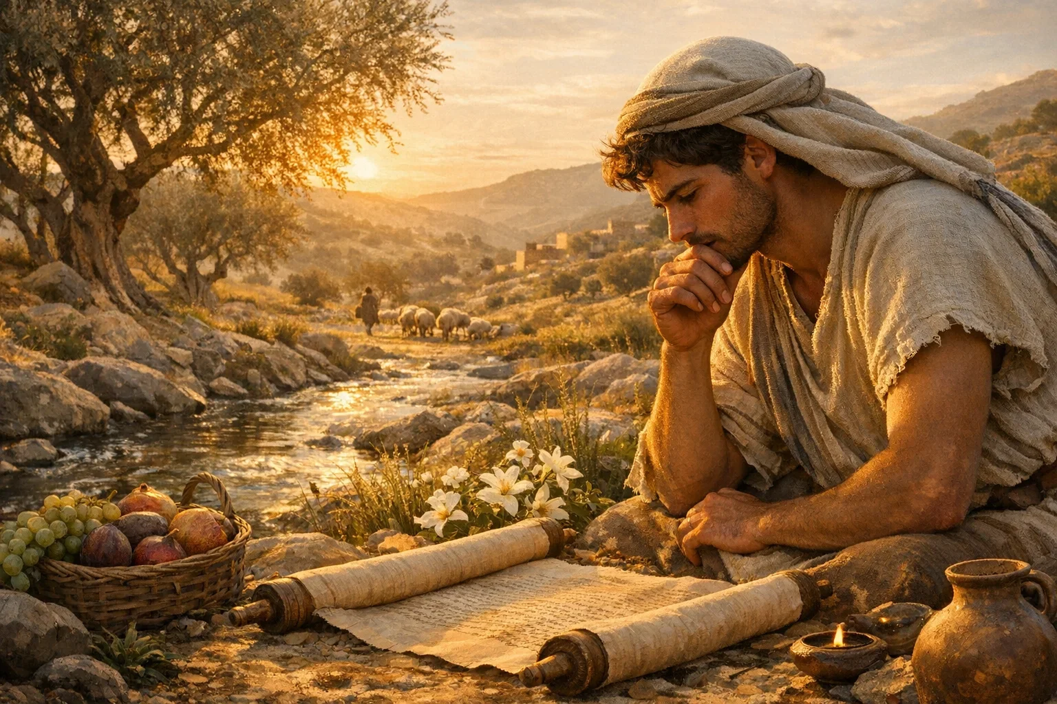 Warm golden hour light envelops the serene landscape, casting a tranquil glow over the rustic hills and olive groves.  A young man kneels in contemplation, his tunic softly illuminated, embodying a quest for divine wisdom.  The open scroll beside him invites the viewer into a moment of spiritual reflection, harmonizing nature and faith.