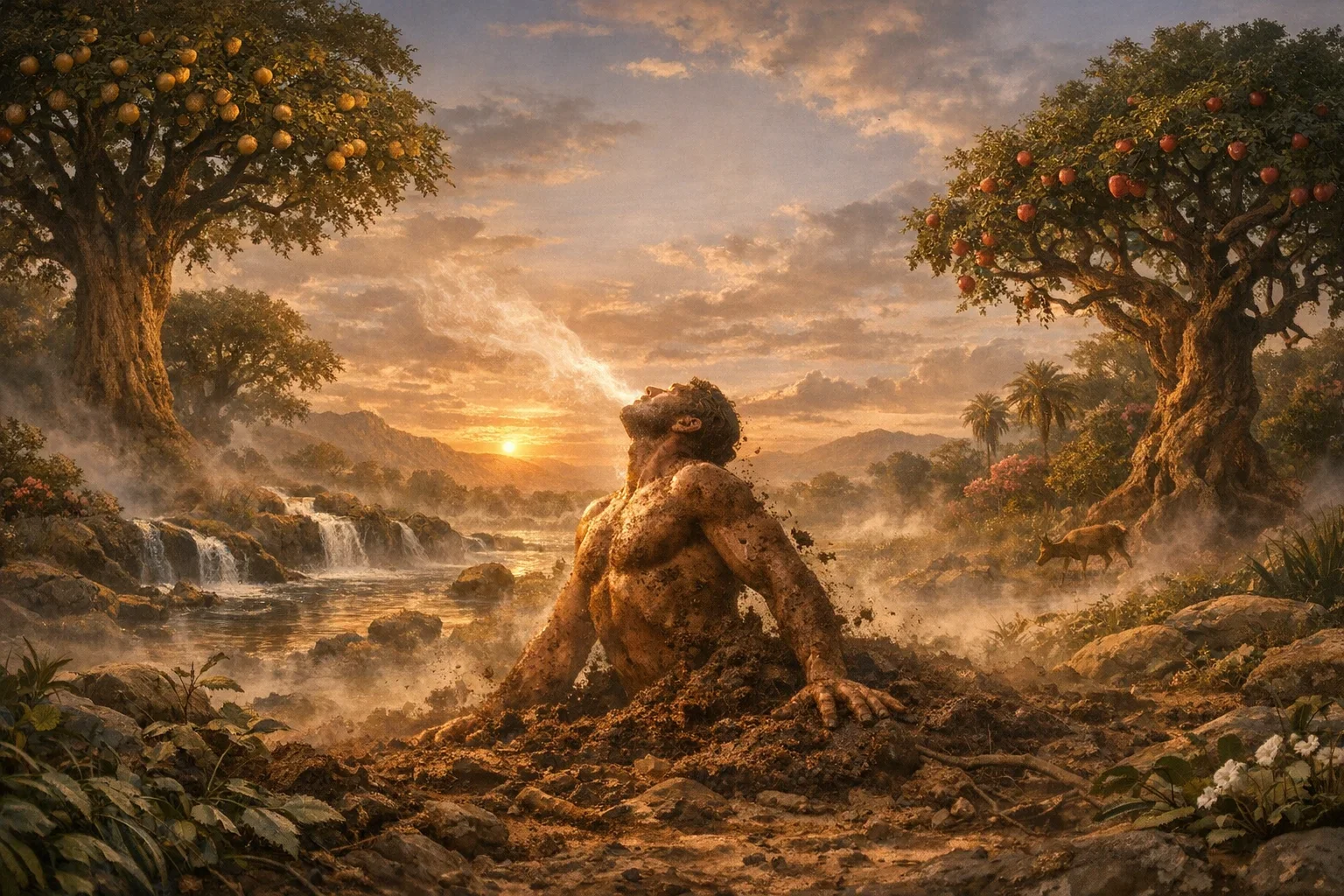 Lush greenery envelops the scene, with the tree of life towering majestically amidst vibrant foliage.  Warm, fading orange light casts a serene glow, enhancing the garden's tranquil beauty.  A gentle mist rises, creating an ethereal atmosphere that encapsulates the divine moment of creation.