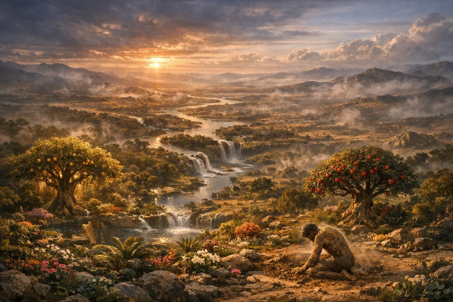 A warm orange light envelops the lush Garden of Eden, casting elongated shadows that enhance the scene's depth.  Vibrant trees, including the tree of life and the tree of knowledge, stand majestically amidst a tapestry of flowering plants.  This aerial perspective captures the serene beauty of creation, symbolizing the dawn of human existence in a fertile paradise.