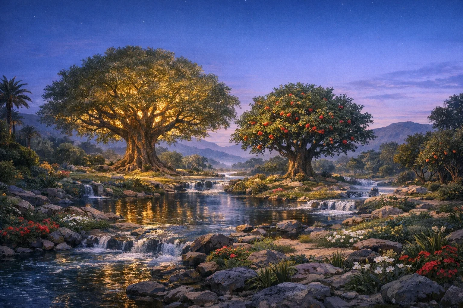 Twilight hues of deep blue and soft lavender envelop the Garden of Eden, creating a serene atmosphere.  Lush greenery and vibrant trees radiate life, with the Tree of Life and Tree of Knowledge commanding attention at the center.  A gentle river weaves through the landscape, its misty flow symbolizing the divine abundance and interconnectedness of creation.