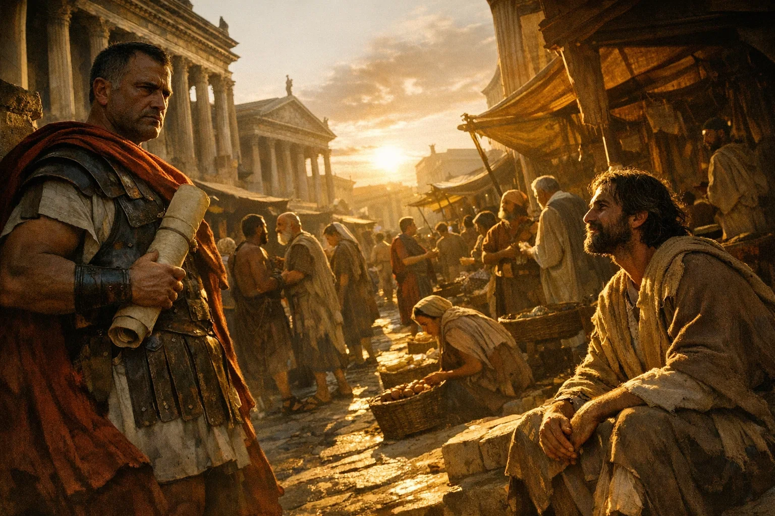 Golden hour casts a warm glow over the bustling marketplace, highlighting the vibrant colors of fabrics and wares.  In the foreground, a robust Roman citizen clutches a scroll, embodying the weight of the law, while a humble figure radiates warmth, symbolizing hope.  The diverse gathering reflects a dynamic interplay of struggle and liberation, capturing the essence of Romans 8.