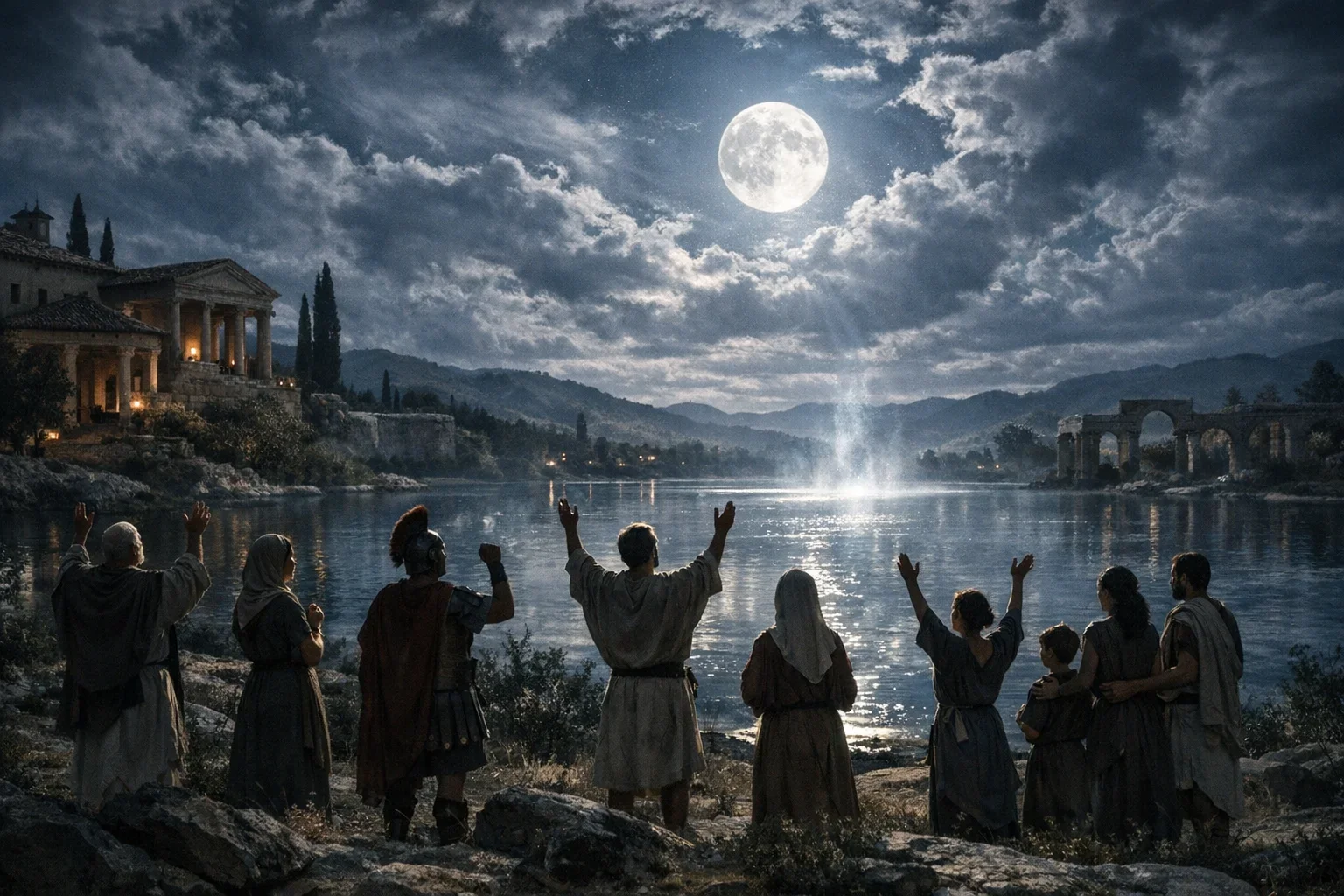 A luminous moon bathes the serene landscape in silver tones, accentuating the tranquil lake's reflective surface.  Silhouetted figures, diverse in attire and posture, embody freedom and spiritual enlightenment under a dramatic sky of swirling clouds.  The composition captures a moment of unity and hope, emphasizing the transformative power of faith amidst the ancient Roman backdrop.