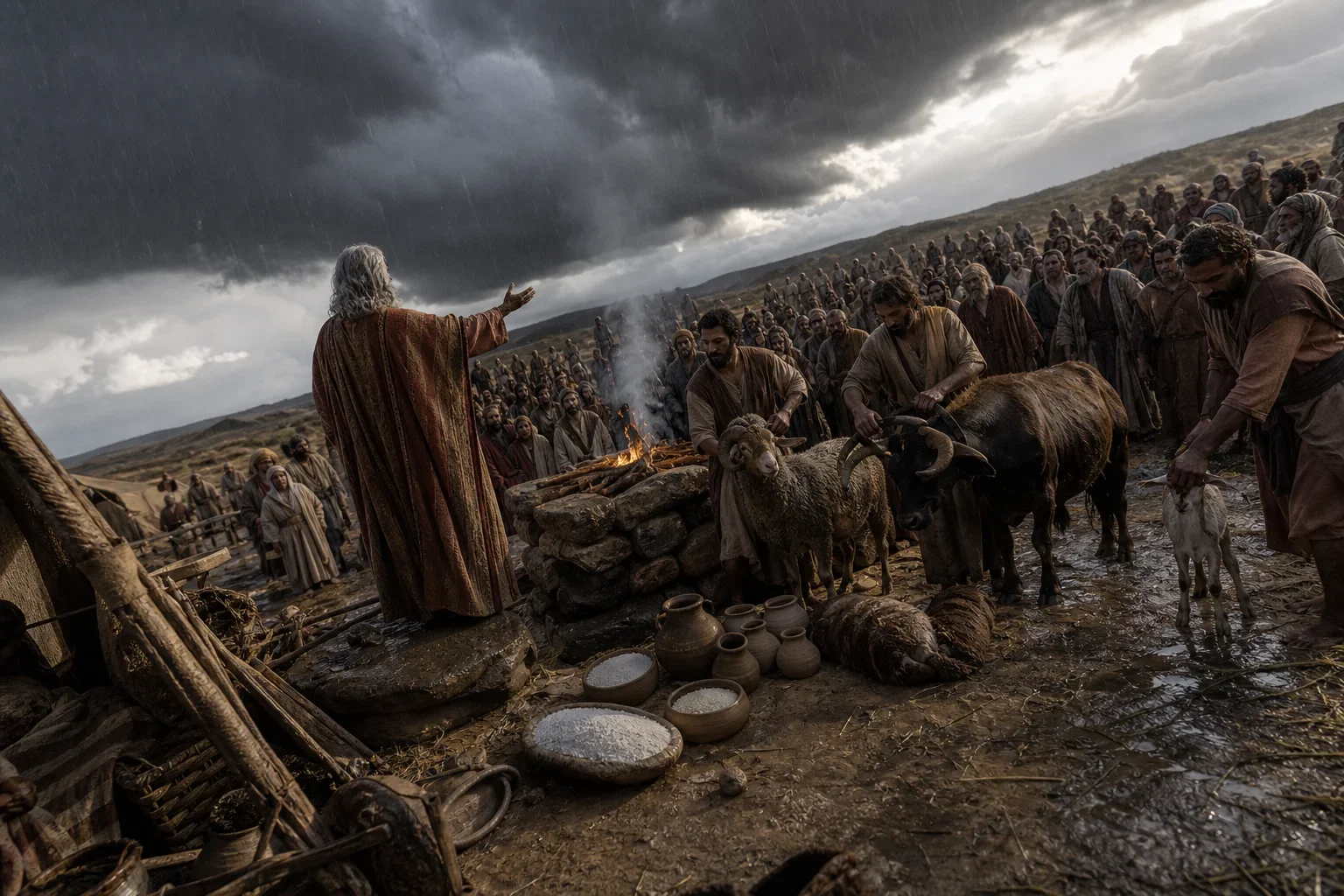 Dark storm clouds churn above the late Bronze Age camp, casting slate shadows across the wilderness edge of Canaan.  Moses, seen from behind in profile, gestures beside a weathered altar of uncut stones as elders and families gather in tense expectancy.  Stark flashes of light cut through the rain, heightening the sacred drama and the solemn covenantal mood.