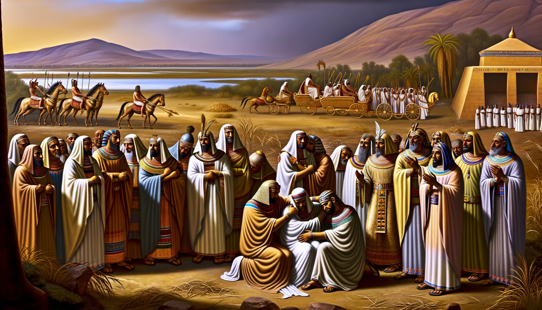 Soft, golden dawn light bathes the scene, casting gentle shadows that enhance the solemn atmosphere of mourning.  Joseph, adorned in elaborate Egyptian attire, cradles Jacob's lifeless form, embodying deep grief and familial love.  Lush landscapes frame the composition, contrasting the emotional weight with the serene beauty of the Jordan River valley.