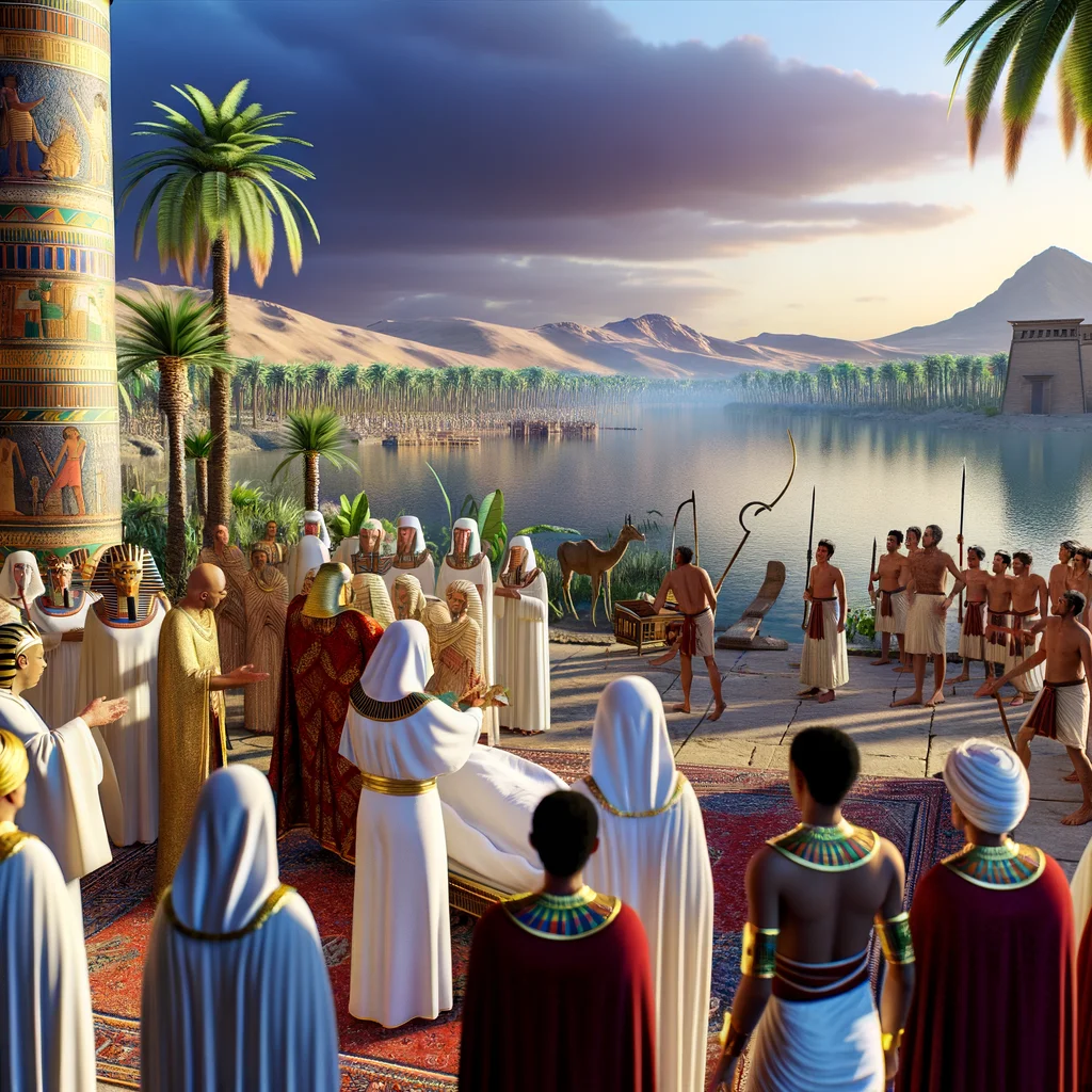 Soft, golden light bathes the grand Egyptian palace, symbolizing hope amidst the sorrowful farewell.  Joseph, in resplendent attire, cradles Israel’s lifeless form, embodying love and loss in this poignant moment.  The Nile glistens in the background, while physicians meticulously attend to the sacred embalming, highlighting the reverence of the ritual.