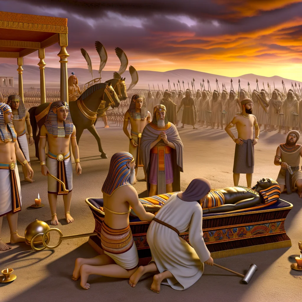 Warm golden light envelops the scene, casting soft shadows that enhance the somber atmosphere of mourning.  Joseph, adorned in rich Egyptian attire, kneels beside Jacob's ornate bier, embodying deep sorrow and reverence.  Surrounding physicians, draped in muted colors, evoke a sense of solemn duty, their focused expressions amplifying the emotional weight of the moment.