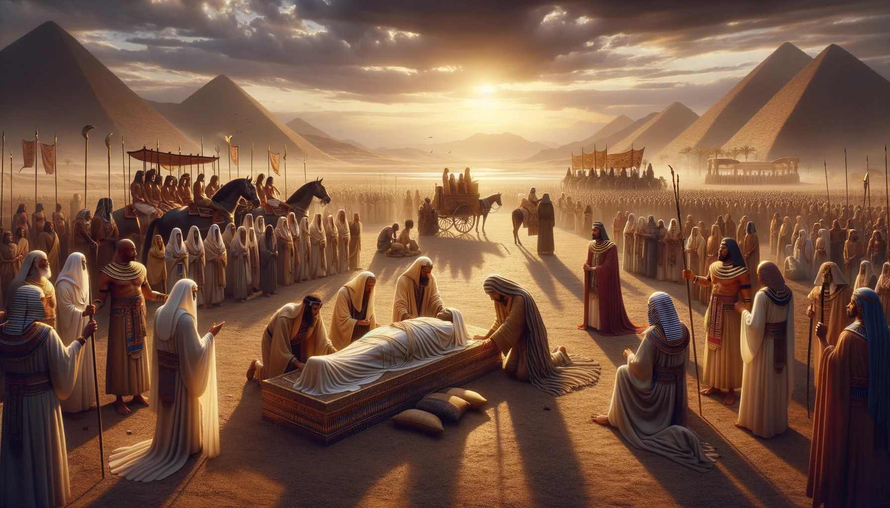 Soft, muted colors envelop the scene, emphasizing the deep sorrow felt by the mourners gathered around the threshing floor.  Joseph, bathed in gentle light, kneels in reverence over Israel's elegantly wrapped body, embodying profound grief.  The composition captures the solemnity of the moment, with dignitaries and brothers framed in respectful silence, reinforcing the weight of loss.