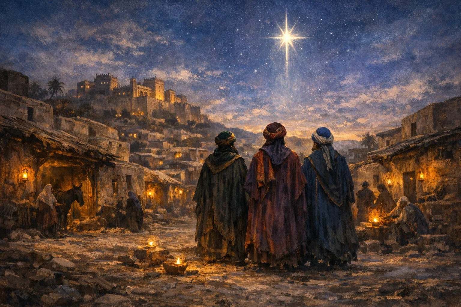 Twilight envelops Bethlehem, casting a serene blue hue over the humble landscape of Jesus' birth.  Silhouettes of richly adorned wise men rise against the sky, their vibrant robes contrasting with the dusky surroundings.  A radiant star illuminates their gaze, symbolizing divine guidance amidst the bustling atmosphere of the ancient town.
