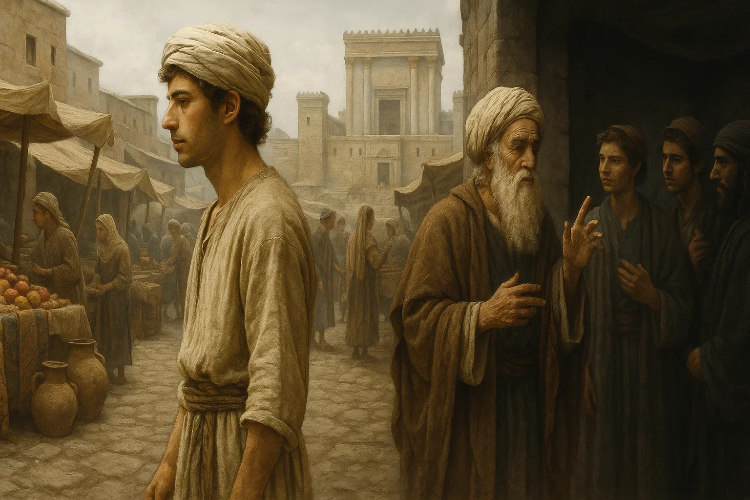A soft, overcast light gently envelops the bustling marketplace, enhancing the rich colors of fabrics and vibrant fruits.  The composition captures a young man amidst merchants, with wise elders engaged in animated discussion, symbolizing the pursuit of knowledge.  Dynamic movement is emphasized as the young man navigates through this vibrant scene, embodying the quest for wisdom.