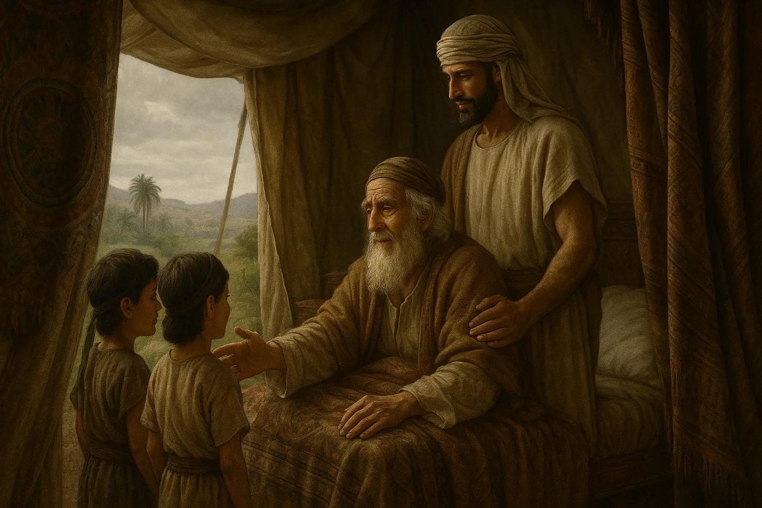 Soft, muted colors envelop the scene, creating a warm and intimate atmosphere around Jacob's frail figure.  Richly embroidered tapestries frame the moment, enhancing the depth and significance of the familial connection.  Jacob's weathered expression conveys wisdom and love as he reaches out to bless Ephraim and Manasseh.
